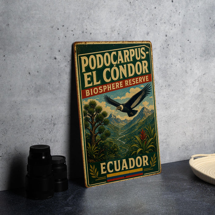 A vintage-style sign for the podscarpus-el condor biosphere reserve in Ecuador, featuring a bird in flight and a lush, green landscape.