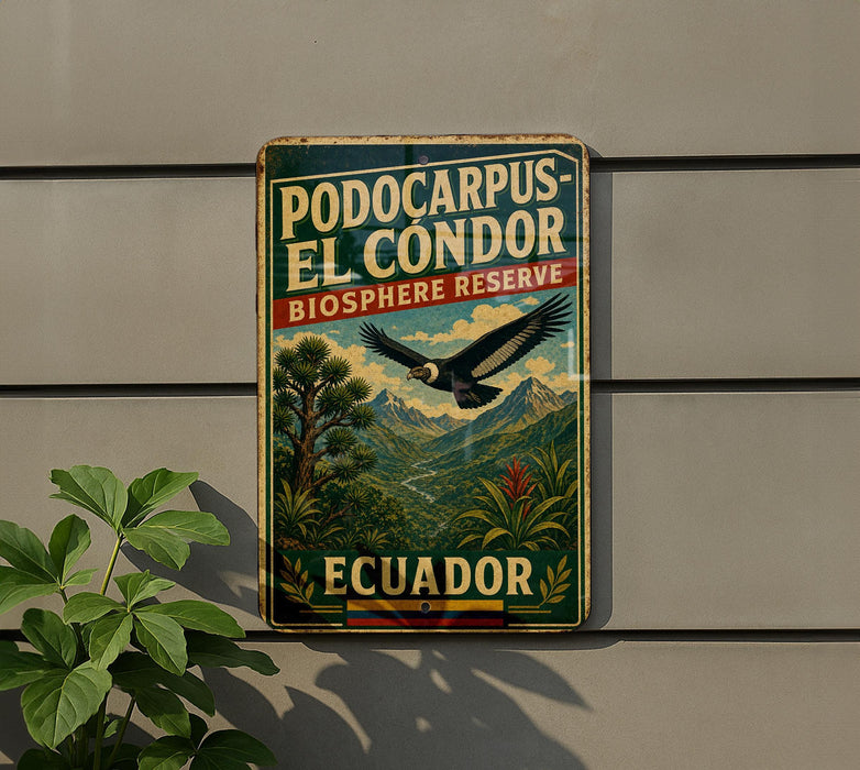 a vintage-style sign for thepodocarpus-el condor reserve in Ecuador, with a bird in flight and a lush, tropical landscape in the background.