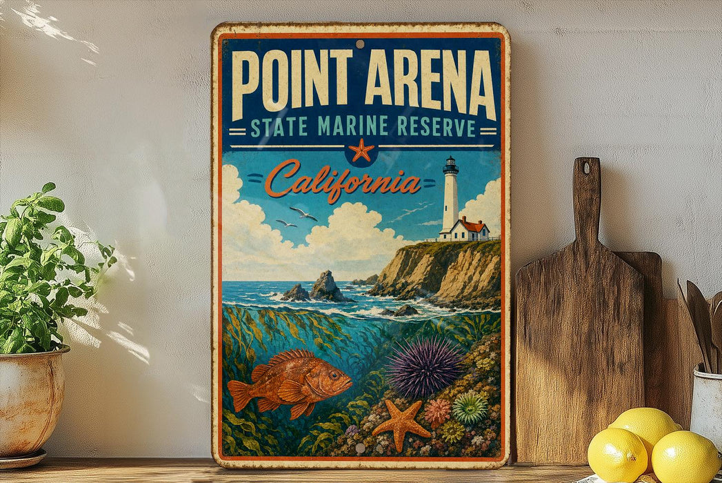 A vintage-style metal sign for the Point Arena State Marine Reserve in California, featuring a lighthouse, ocean, and marine life.