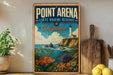 A vintage-style metal sign for the Point Arena State Marine Reserve in California, featuring a lighthouse, ocean, and marine life.