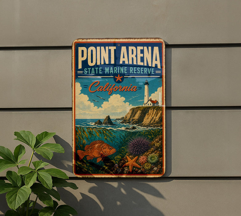 A vintage metal sign for Point Arena, a State Marine Reserve in California, featuring a lighthouse, ocean, and marine life.