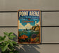 A vintage metal sign for Point Arena, a State Marine Reserve in California, featuring a lighthouse, ocean, and marine life.