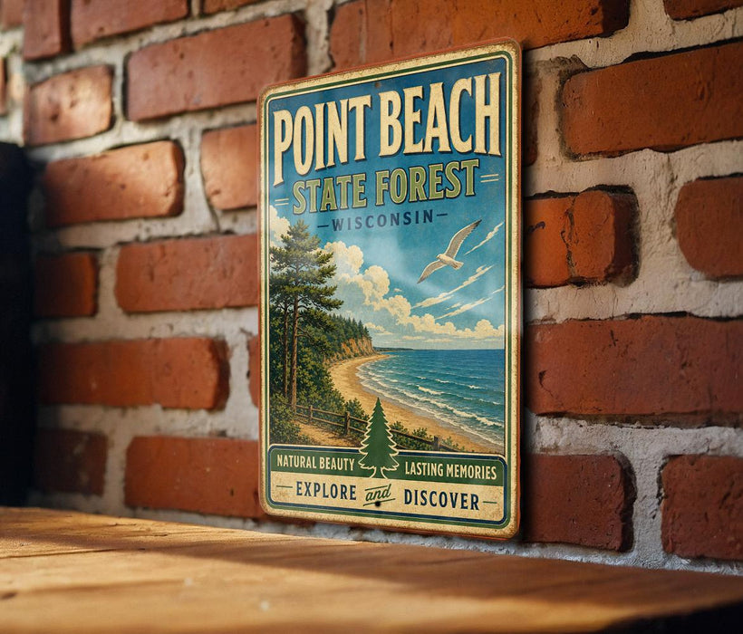 A vintage-style metal sign for Point Beach State Forest in Wisconsin, featuring a scenic landscape with a beach, pine trees, and a seagull in flight.