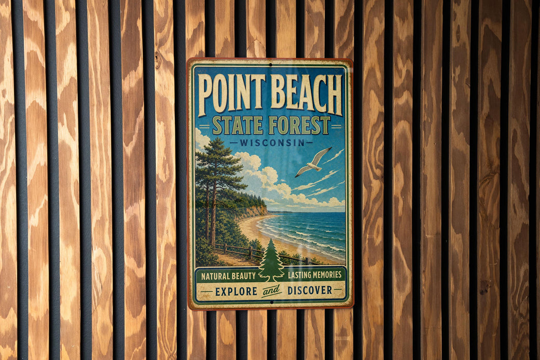 A vintage-style metal sign for Point Beach State Forest in Wisconsin, featuring a scenic landscape with pine trees, a beach, and a bird in flight.
