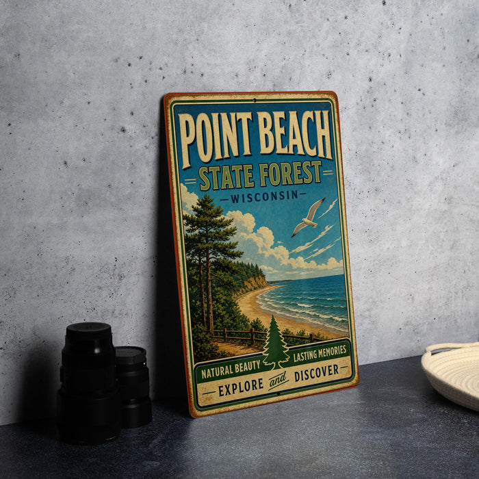 A vintage-style sign for Point Beach State Forest in Wisconsin, featuring a scenic landscape with a beach, pine trees, and a bird in flight.
