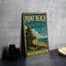 A vintage-style sign for Point Beach State Forest in Wisconsin, featuring a scenic landscape with a beach, pine trees, and a bird in flight.