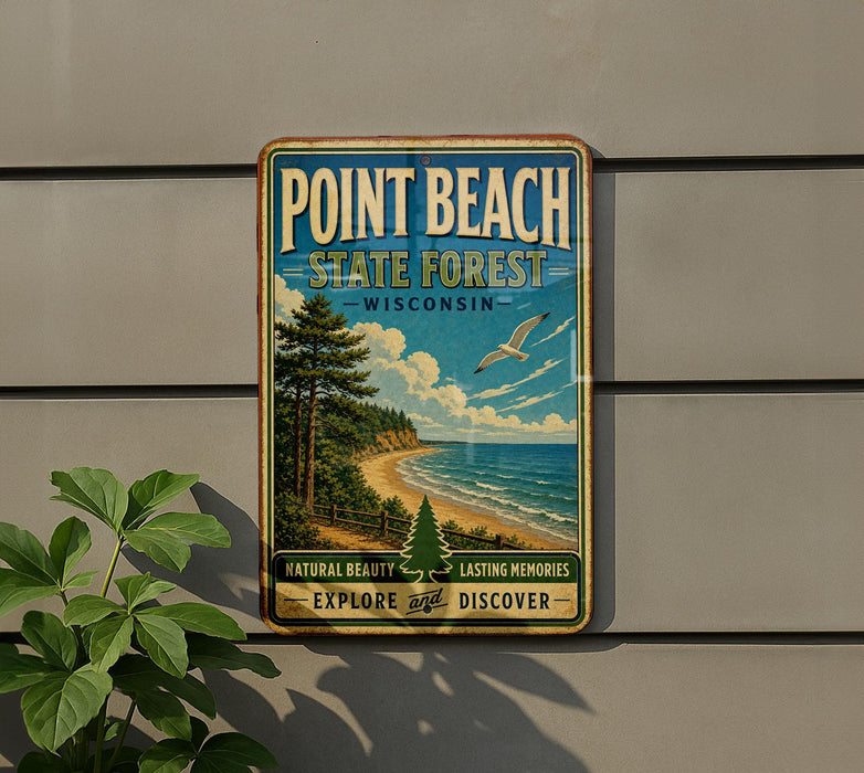 A vintage-style metal sign for Point Beach State Forest in Wisconsin, featuring a scenic landscape with a beach, pine trees, and a bird in flight.