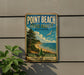 A vintage-style metal sign for Point Beach State Forest in Wisconsin, featuring a scenic landscape with a beach, pine trees, and a bird in flight.