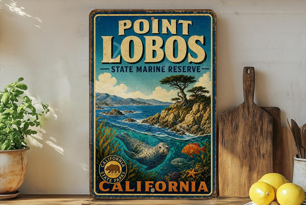 A vintage-style sign for Point Lobos State Marine Reserve in California, featuring an illustration of a seal swimming in the ocean.