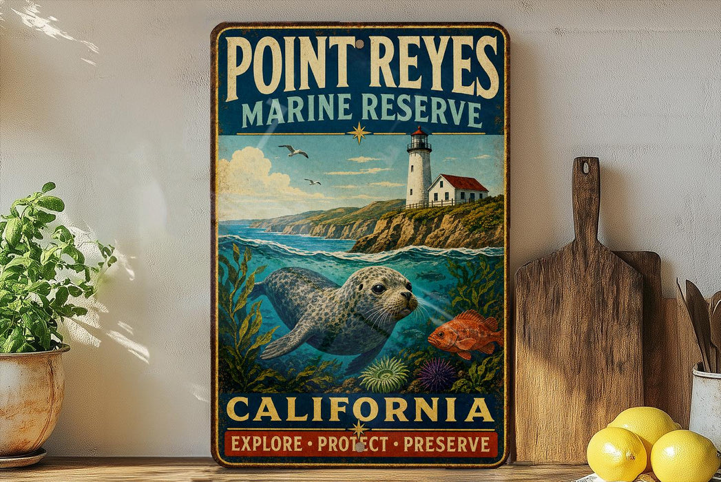 A vintage-style metal sign for Point Reyes Marine Reserve in California, featuring a lighthouse, seal, and marine life, is displayed on a shelf next to a wooden cutting board and a potted plant.
