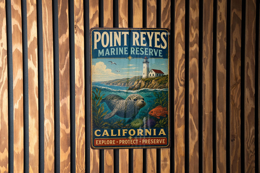 A vintage-style metal sign for Point Reyes Marine Reserve in California, featuring a lighthouse and marine life.