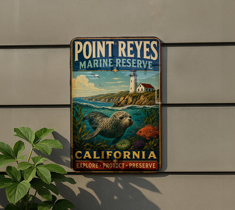 A vintage-style metal sign for Point Reyes Marine Reserve in California, featuring a lighthouse and marine life.