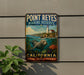 A vintage-style metal sign for Point Reyes Marine Reserve in California, featuring a lighthouse and marine life.