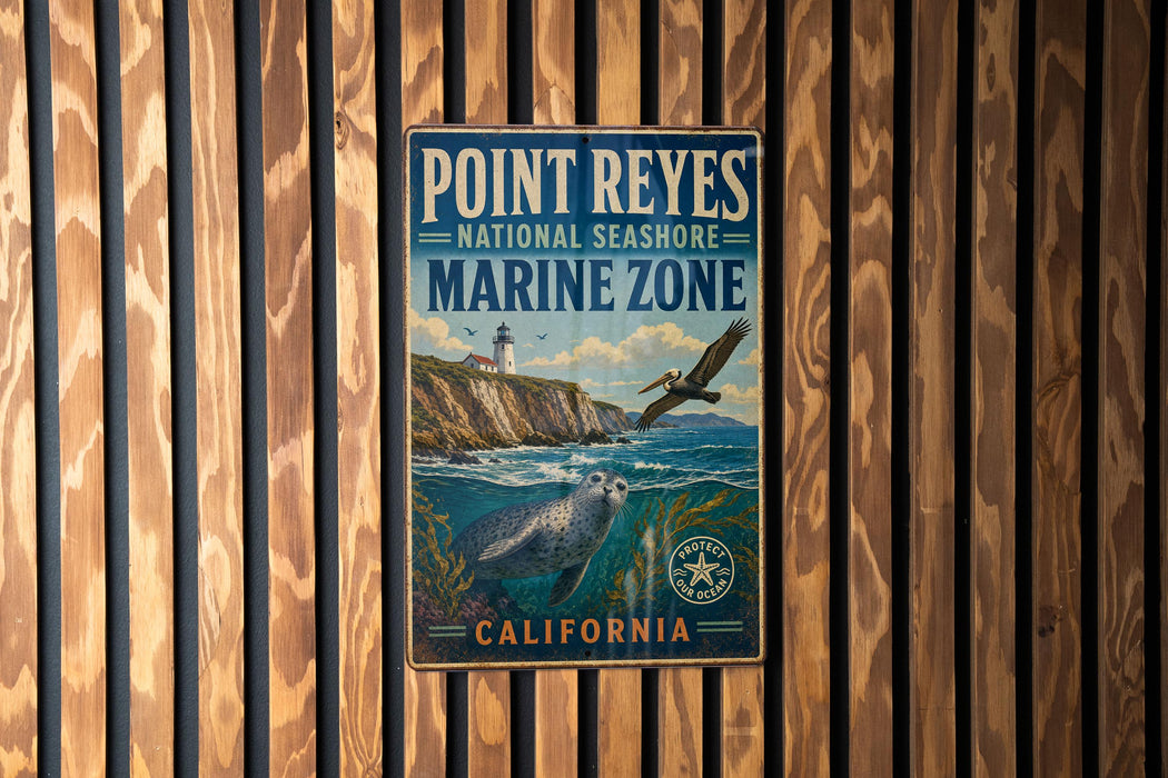 A vintage-style metal sign for Point Reyes National Seashore Marine Zone in California, featuring a lighthouse and marine life.