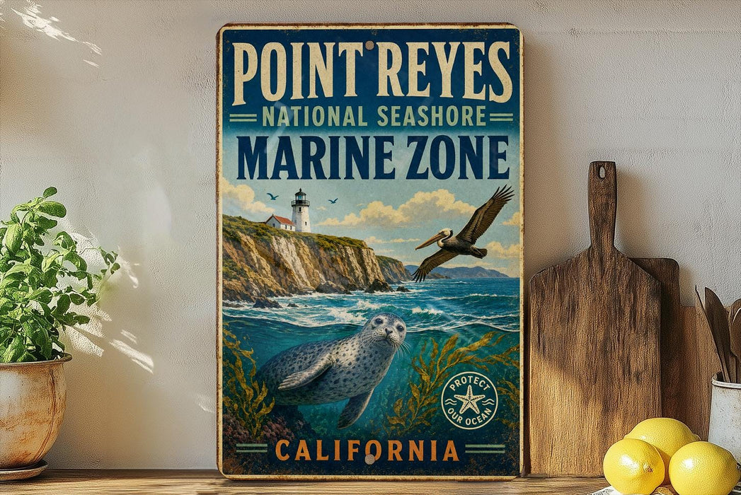 A vintage-style sign for Point Reyes National Seashore Marine Zone in California, featuring a lighthouse, seal, and bird in the ocean.
