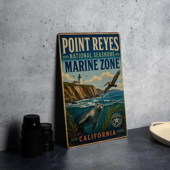 A vintage-style sign for Point Reyes National Seashore Marine Zone, featuring a lighthouse, seal, and other marine life, is displayed on a gray countertop.