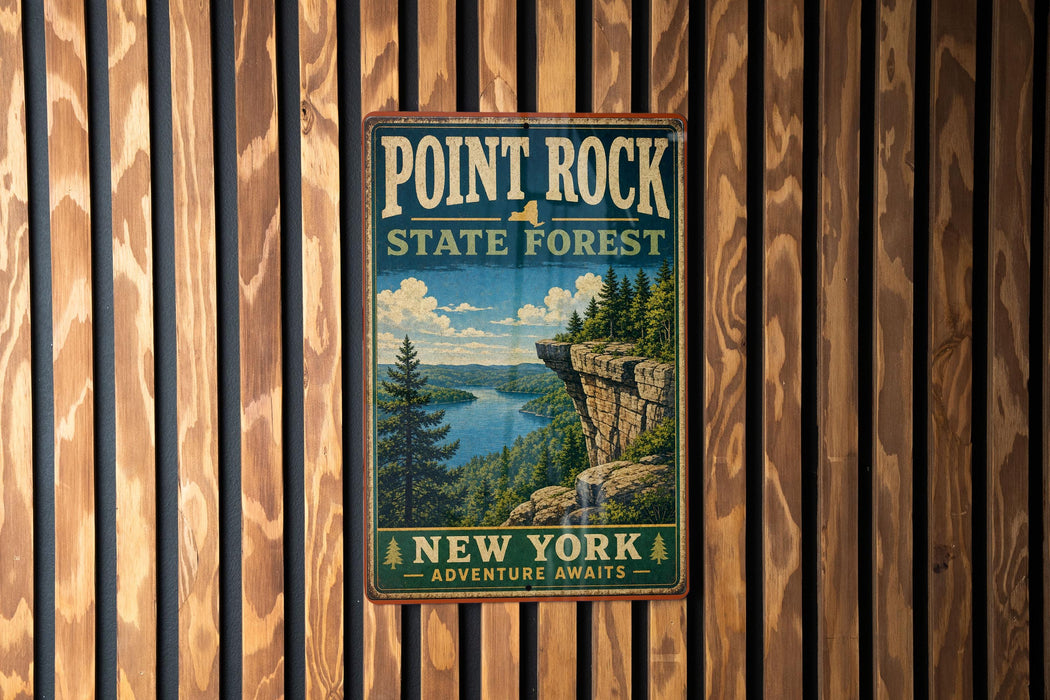 A vintage-style metal sign for Point Rock State Forest, featuring a scenic landscape with a cliff overlooking a lake and pine trees.