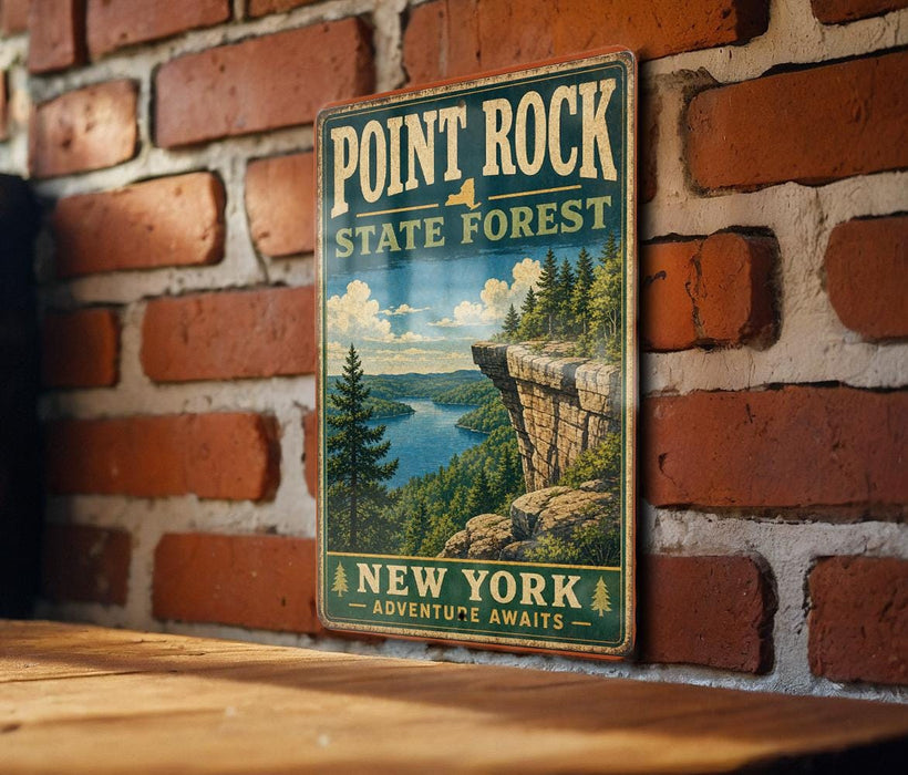 A vintage-style metal sign for Point Rock State Forest, featuring a scenic landscape with a cliff overlooking a lake, is displayed on a brick wall.