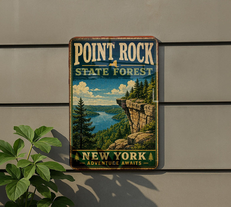 A vintage-style metal sign for Point Rock State Forest in New York, featuring a scenic landscape with a cliff overlooking a river.