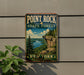 A vintage-style metal sign for Point Rock State Forest in New York, featuring a scenic landscape with a cliff overlooking a river.
