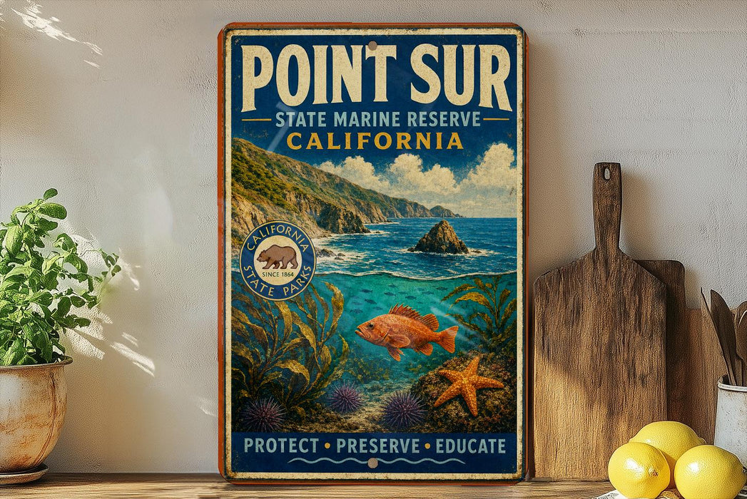 A vintage-style poster for Point Sur State Marine Reserve, California, featuring a scenic image of the ocean, cliffs, and marine life.