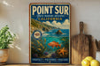 A vintage-style poster for Point Sur State Marine Reserve, California, featuring a scenic image of the ocean, cliffs, and marine life.