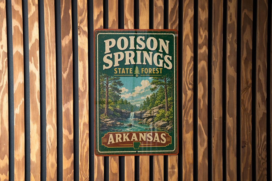 A vintage-style metal sign for the state forest of Arkansas, featuring a scenic illustration of a waterfall and forest.