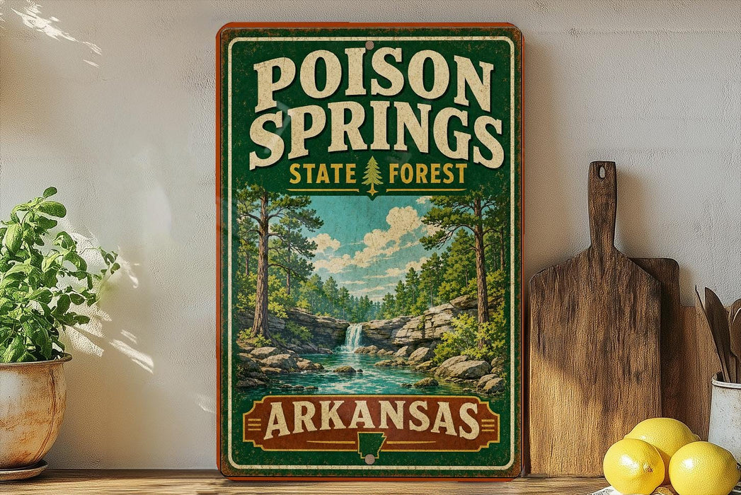 A vintage-style sign for Poison Springs State Forest in Arkansas, featuring a scenic landscape with a waterfall and pine trees.