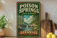 A vintage-style sign for Poison Springs State Forest in Arkansas, featuring a scenic landscape with a waterfall and pine trees.