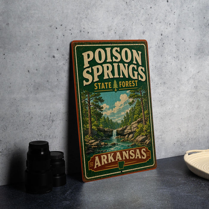 A vintage-style sign for Poison Springs State Forest in Arkansas, featuring a scenic illustration of a forest and a waterfall.