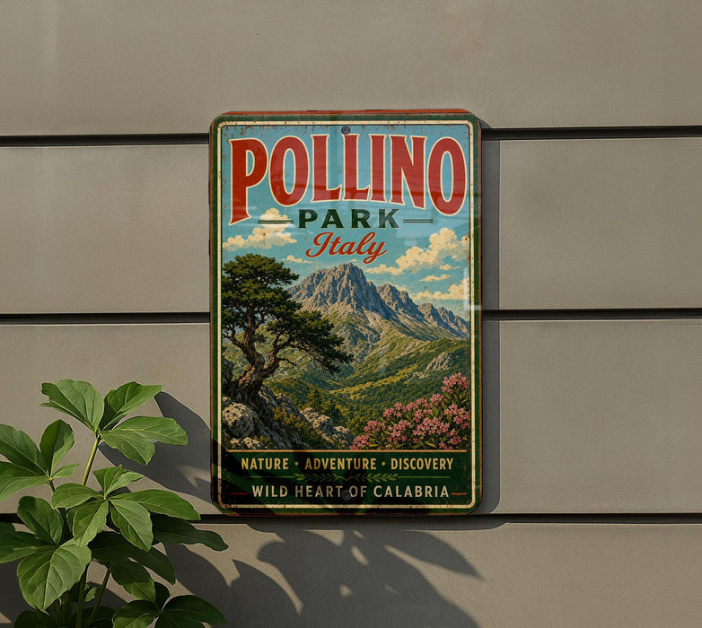 A vintage metal sign for Pollino Park in Italy, featuring a scenic mountain landscape with a tree and flowers.
