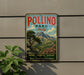 A vintage metal sign for Pollino Park in Italy, featuring a scenic mountain landscape with a tree and flowers.
