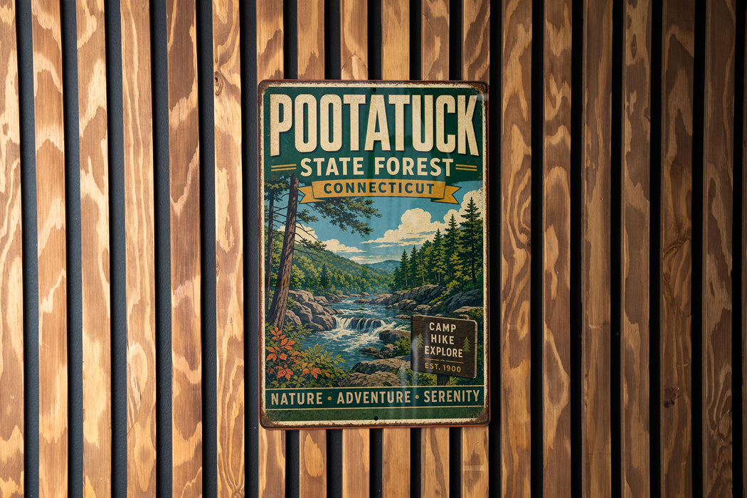 A vintage metal sign for the Pootatuck State Forest in Connecticut, featuring a scenic illustration of a forest and a waterfall.