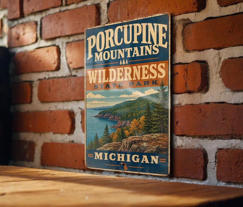 A vintage-style sign for Porcupine Mountains Wilderness State Park in Michigan, featuring a scenic landscape with mountains, forests, and a lake.