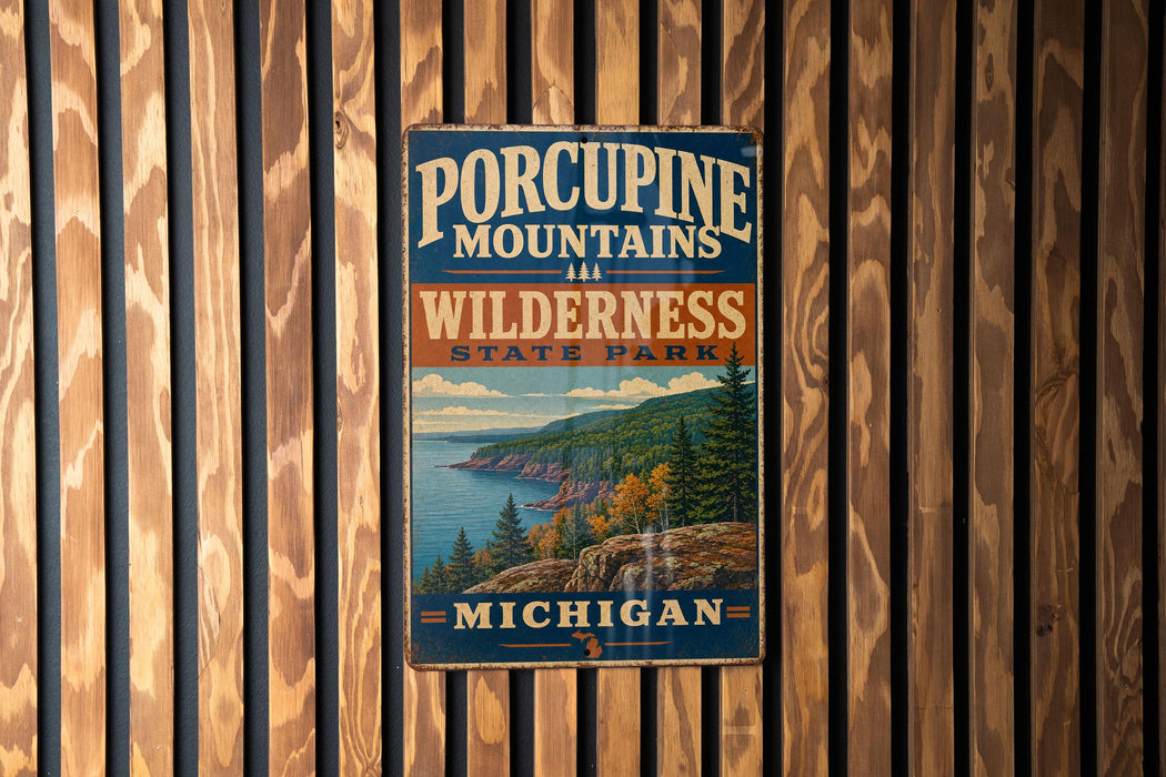 A vintage-style metal sign for Porcupine Mountains Wilderness State Park in Michigan, featuring a scenic landscape with mountains, forests, and a lake.