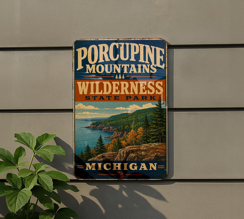 A vintage-style sign for Porcupine Mountain State Park in Michigan, featuring a scenic landscape with mountains, forests, and a lake.