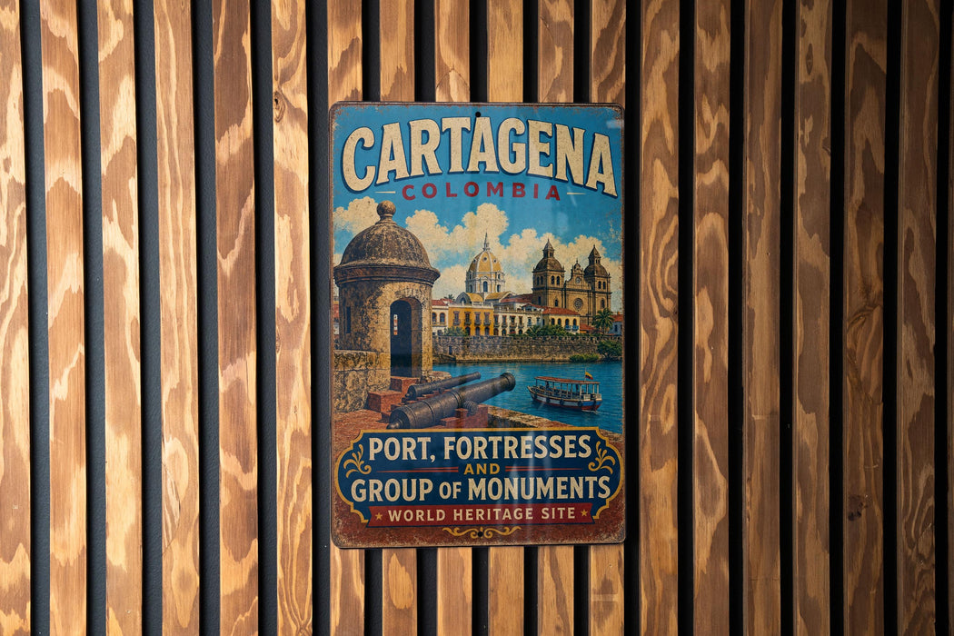 A vintage metal sign for Cartagena, Colombia, featuring a colorful illustration of the city's landmarks and a boat on the water.