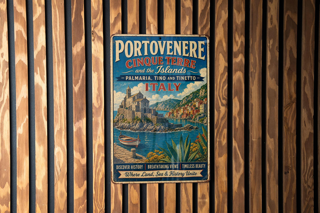 A vintage metal sign advertising Portovenere and Cinque Terre, Italy, featuring a scenic illustration of the island's coastline and buildings.