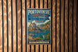 A vintage metal sign advertising Portovenere and Cinque Terre, Italy, featuring a scenic illustration of the island's coastline and buildings.