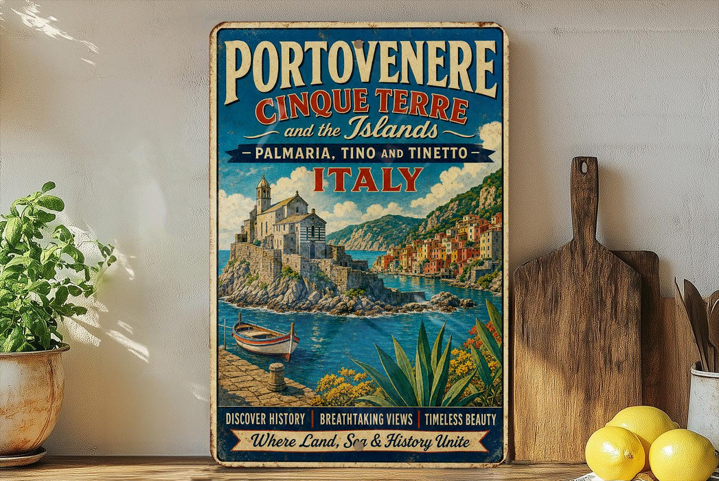 A vintage-style metal sign advertising Portovenere, Cinque Terre, and the Islands in Italy, featuring a scenic illustration of the coastal town and its surroundings.
