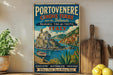 A vintage-style metal sign advertising Portovenere, Cinque Terre, and the Islands in Italy, featuring a scenic illustration of the coastal town and its surroundings.