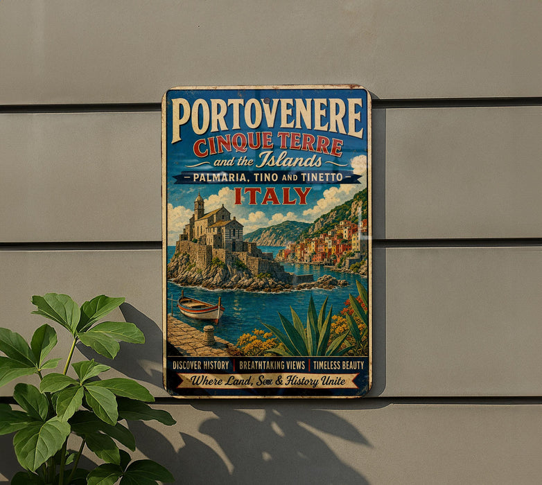 A vintage-style metal sign advertising Portovenere and Cinque Terre, Italy, featuring a scenic illustration of the island's coastline and buildings.