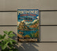 A vintage-style metal sign advertising Portovenere and Cinque Terre, Italy, featuring a scenic illustration of the island's coastline and buildings.