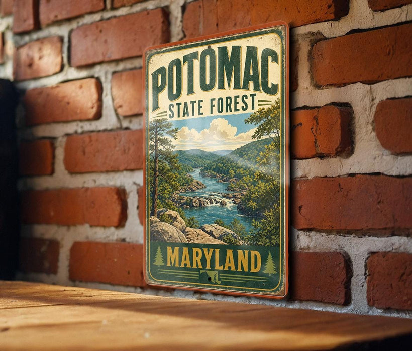 A vintage-style metal sign for Potomac State Forest in Maryland, featuring a scenic landscape with a river and mountains.