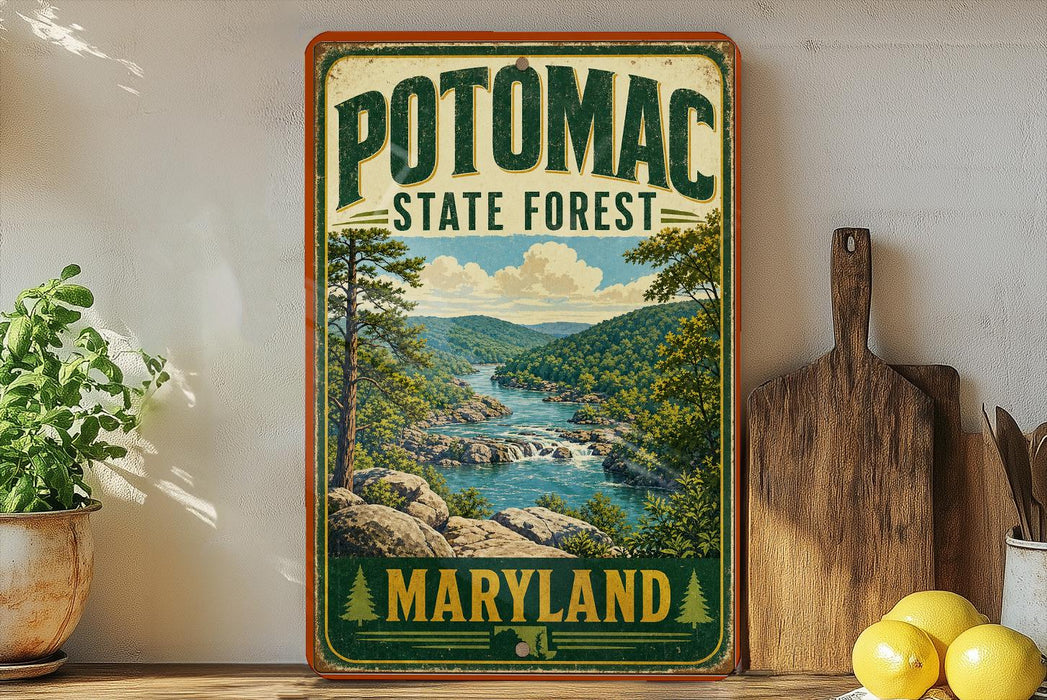 A vintage-style sign for Potomac State Forest in Maryland, featuring a scenic landscape with a river, mountains, and pine trees.