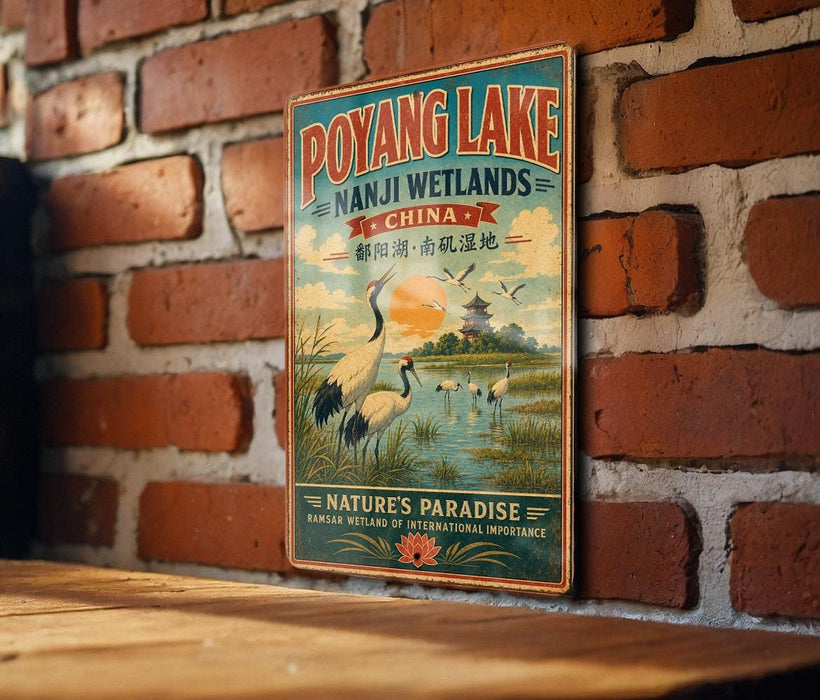 A vintage-style poster advertising Poyang Lake, a wetland in China, featuring a scenic landscape with birds and a temple.
