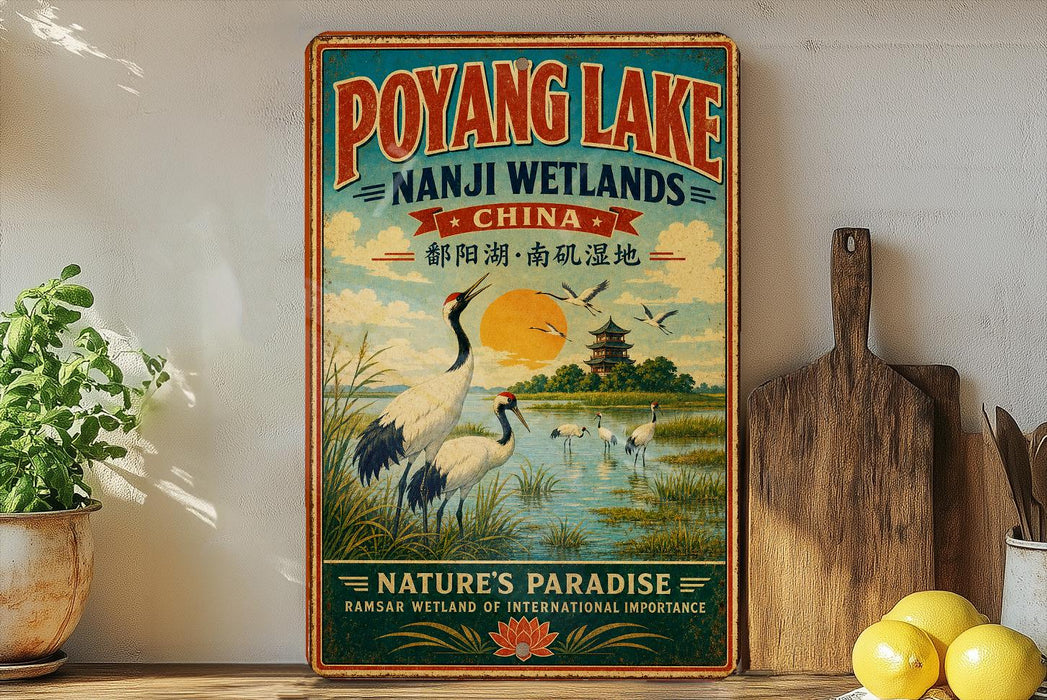 A vintage-style poster advertising Poyang Lake, Nanji Wetlands, and China, featuring a scenic landscape with cranes and a temple.