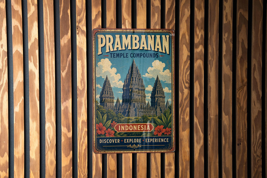 A vintage-style metal sign with the text "Prambanan Temple Compounds" and "Indonesia" is displayed on a wooden wall.