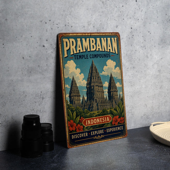 A vintage-style sign for Prambanan Temple compounds in Indonesia, featuring an illustration of the temple and the text "INDONESIA" and "TEMPLE COMPOUNDS".