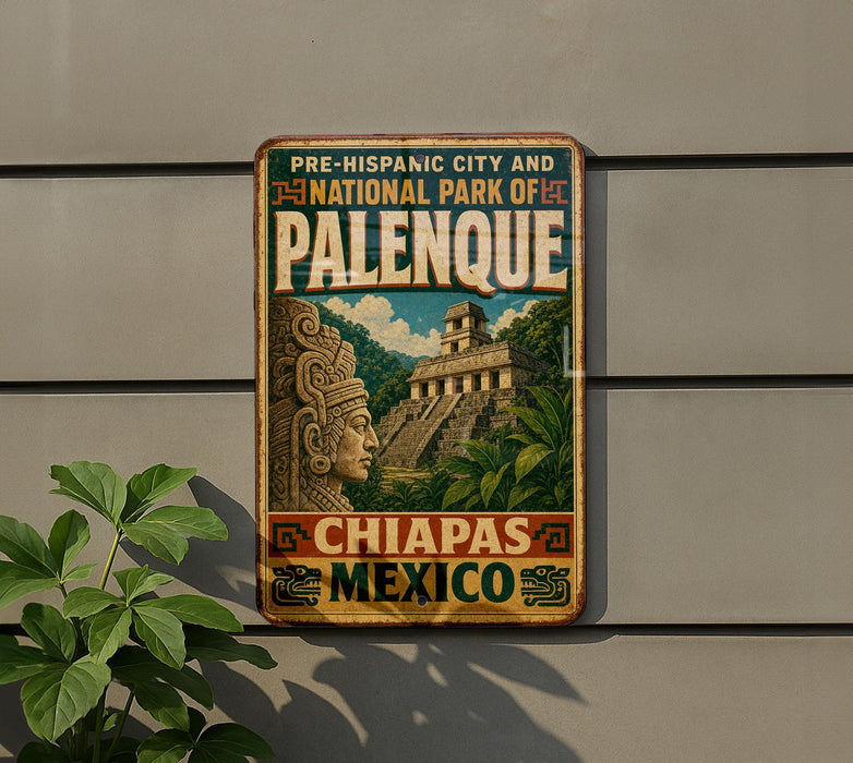 A vintage-style sign for the National Park of Palenque, Mexico, featuring an illustration of a temple and a figure.